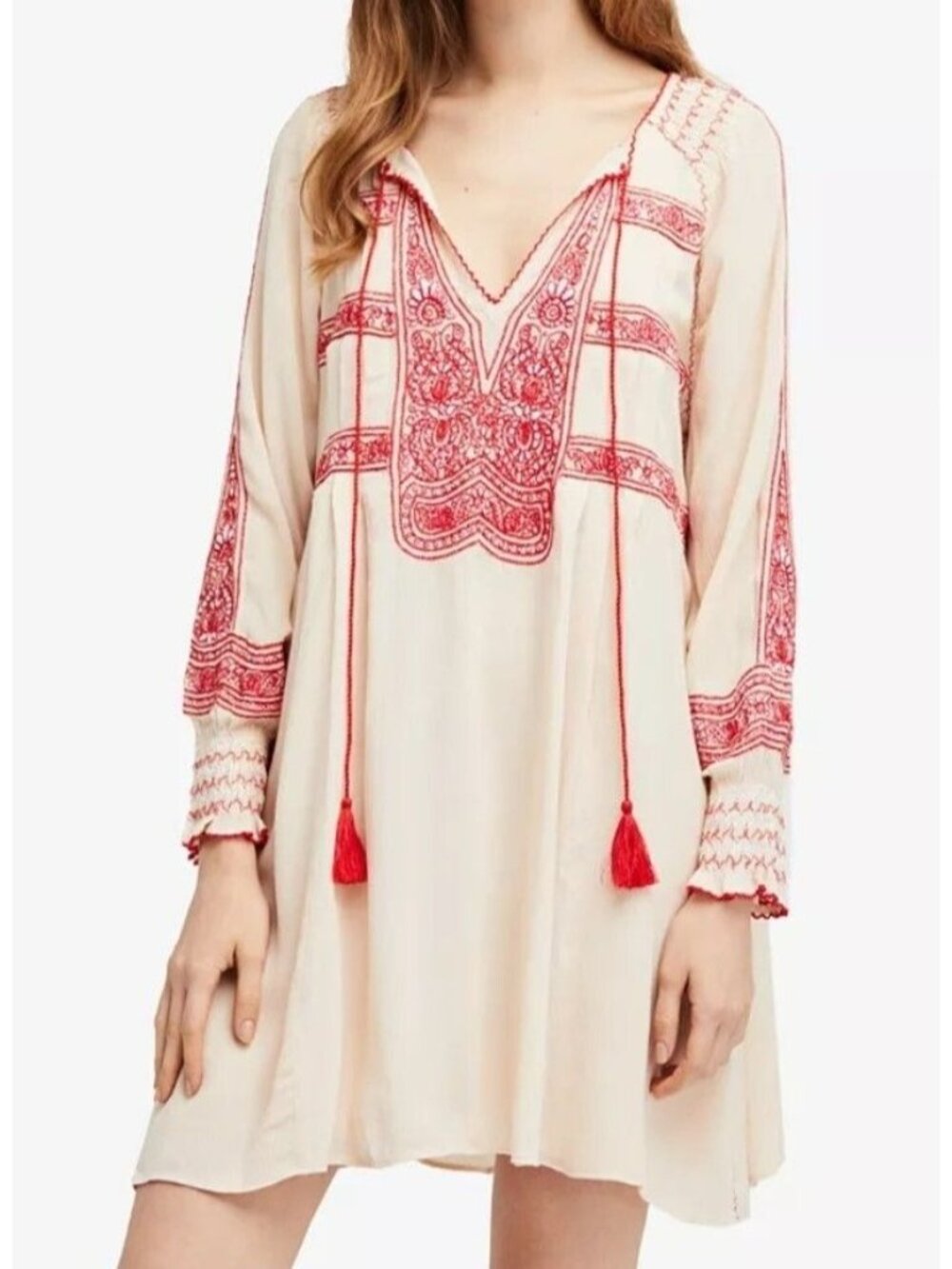 Free People Wind Willow Red Embroidered Ivory Boho Tunic Mini Dress Sz L - Picture 3 of 10